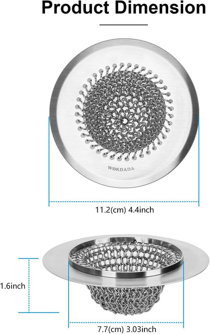 Upgraded Sink Drain Strainer, Patented Reversible Chain Mail Mesh | Anti-Slip Ring, Fast Drainage, Reversible Flip Clean, Rust-Proof, Universal 4.4-Inch, Large Capacity, Garbage Disposal Fit
