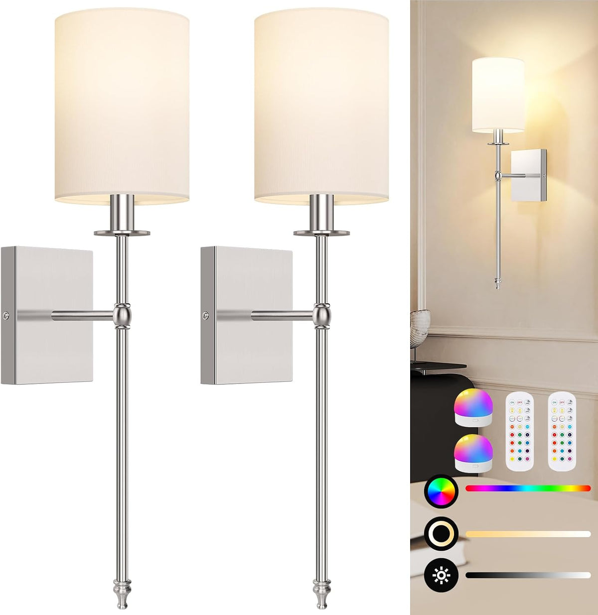 Battery Operated Wall Sconces Set of 2, Rechargeable Sconces with Remote