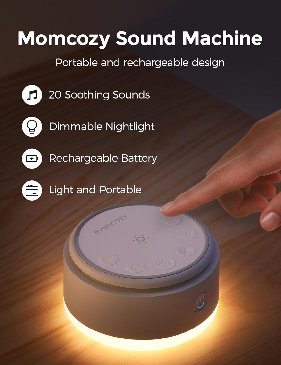 Momcozy Sound Machine for Baby | Portable White Noise Sound Machine for Sleep Rechargeable | 20 Sleep Sounds White Noise Machine with Nursery Night Light | Travel Sleep Sound Machine Battery Based