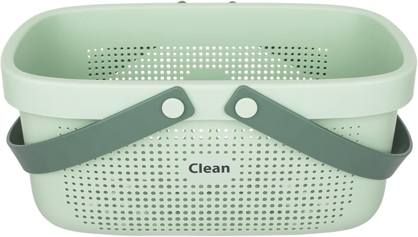 JiatuA Plastic Storage Basket with Handle Portable Shower Caddy Tote Organizer Basket Bin for Bathroom Kitchen Dorm Room Bedroom, Green | Sturdy Drainage Large Capacity Organizer Basket with Silicone Handles for Bathroom Kitchen Bedroom College Dorm