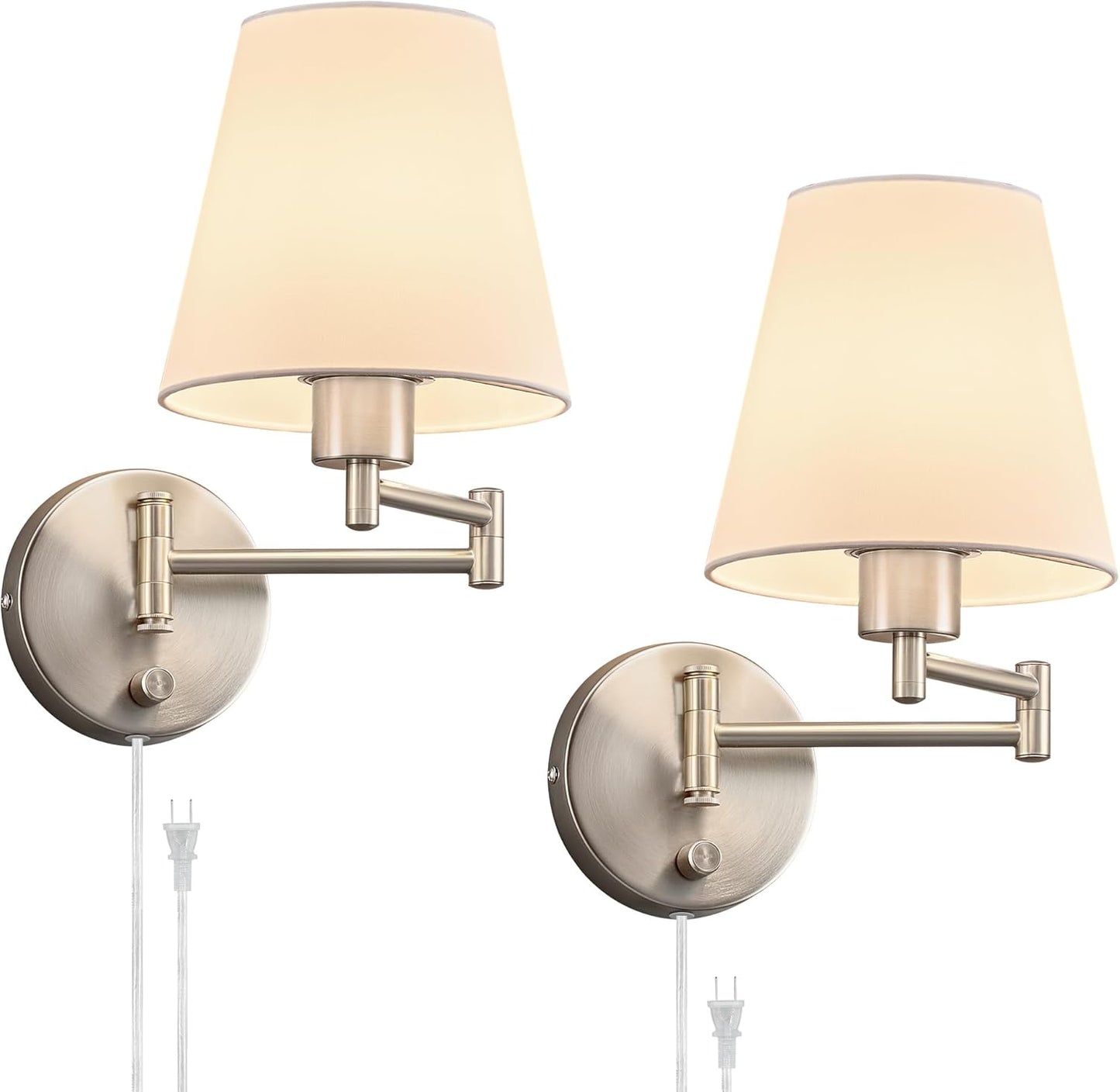 VONLUCE Wall Lamp, Plug in & Swing Arm Wall Sconce, Nickel Finish | Modern Wall Lights with White Fabric Shades, Plug in & Hardwired Wall Mounted Light for Bedside, Living Room, Hallway