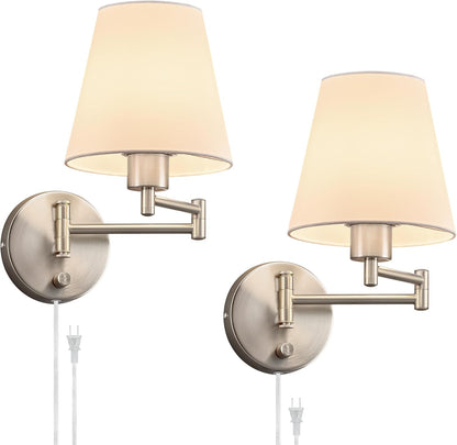 VONLUCE Wall Lamp, Plug in & Swing Arm Wall Sconce, Nickel Finish | Modern Wall Lights with White Fabric Shades, Plug in & Hardwired Wall Mounted Light for Bedside, Living Room, Hallway