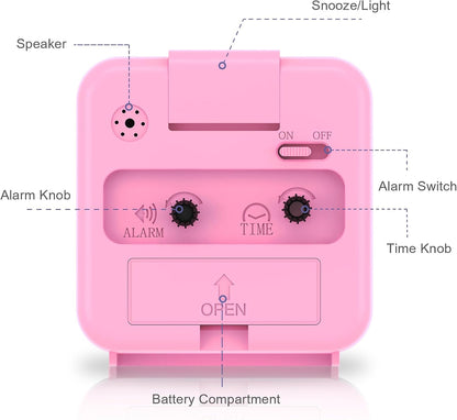 Analog Alarm Clock, Bedside Clocks Battery Powered, Silent Non Ticking Travel Clock with Night Light, Snooze, Easy Set, Clock for Heavy Sleepers Kids Elder Travel Bedroom Office, Pink