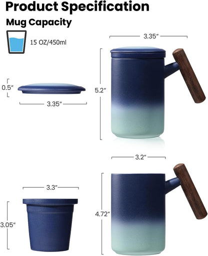 Tea Cup with Infuser and Lid,15 oz Ceramic Loose Leaf Tea Mug,Blue | All Ceramic Infuser &Wooden Handle,Hand Wash Only,Metal-Free,Lead-Free,BPA-Free,Warm Gift for Tea Lovers