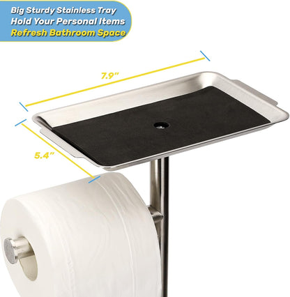 Exilon Toilet Paper Holder Stand for Bathroom Floor Freestanding Toilet Roll Dispenser Storages 4 Reserve Rolls, with Top Storage Shelf for Cell Phone (Brushed Nickel)