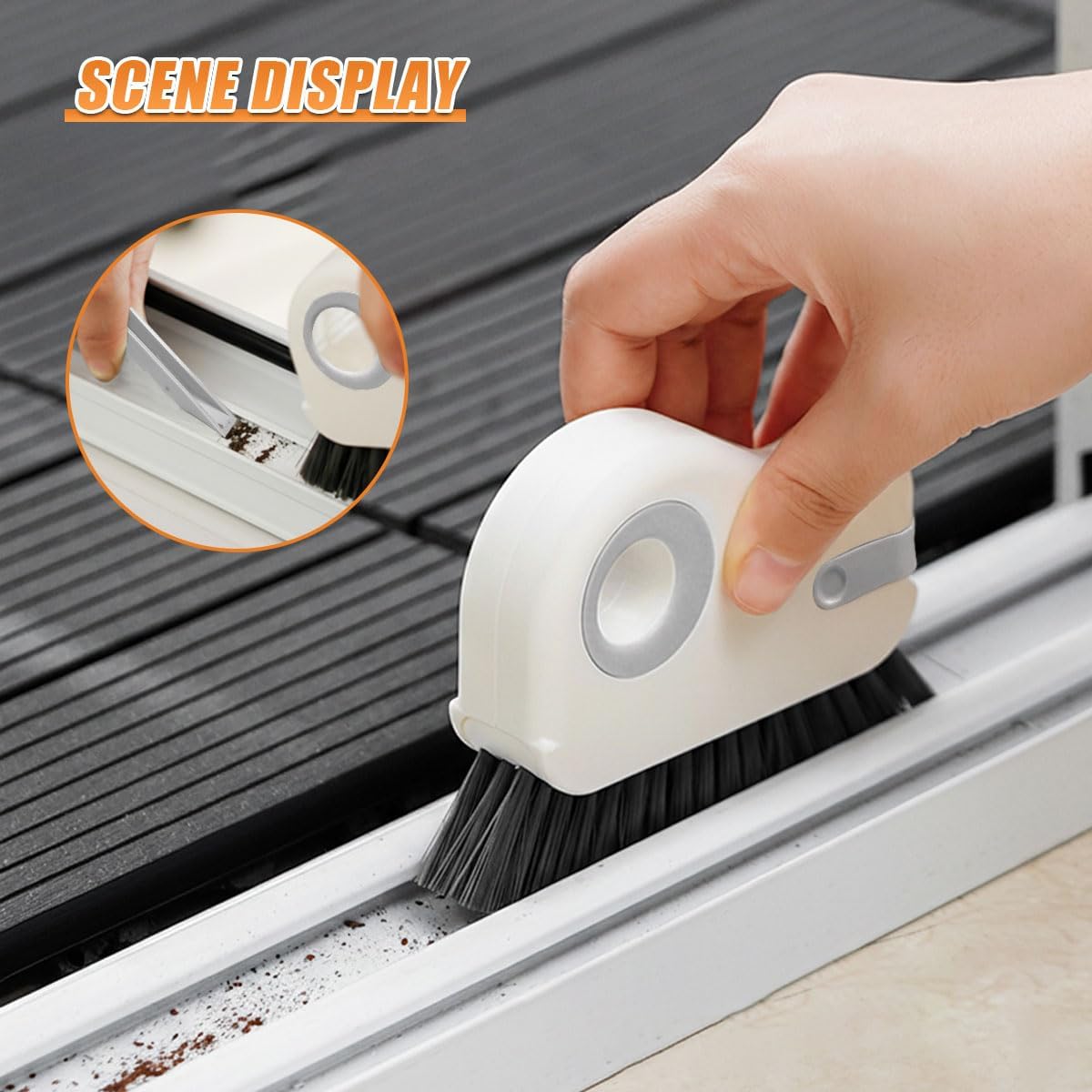 YoRise 2 in 1 Car Groove Cleaning Brush, Multifunctional Hard Bristle Car Window Track Cleaner Tool with Hidden Scraper, Universal Auto Door Crevice Cleaning Accessories for Window Sill(Orange-1PCS)