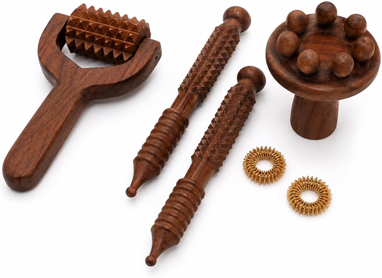 Wooden Massage Tool Set with Handheld Massage Roller, Wooden Meridian Massage Sticks, Mushroom Massage Tool and Finger Massage Rings | Manual Body Massage Kit | 6 Piece Set