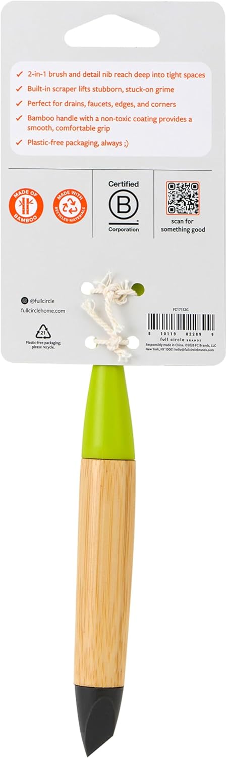Full Circle Every-Crevice Detail Brush for Grout, White | Tough bristles & a sustainable bamboo handle reach deep into crevices, showers & grout