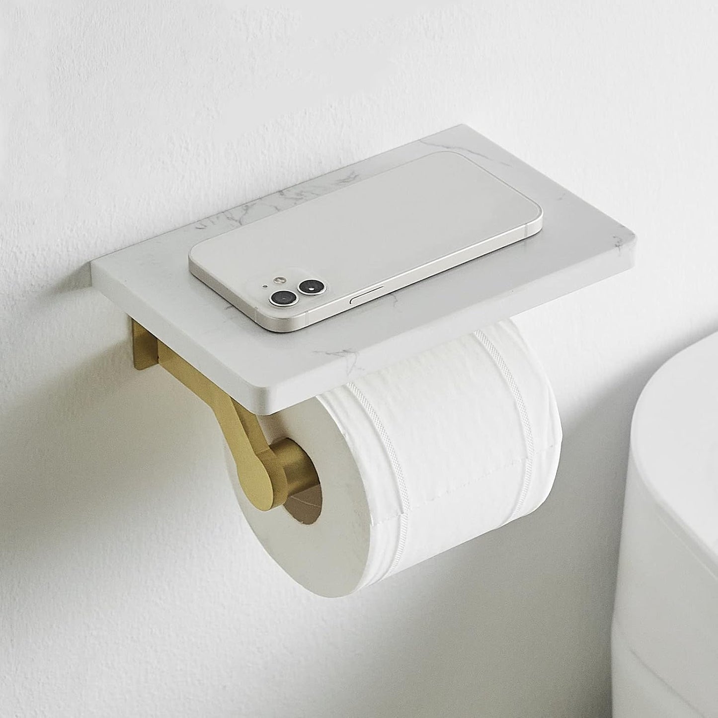 Hoimpro Toilet Paper Holder Wall Mounted, Marble Tissue Roll Rack | Brushed Gold | White Natural Marble Shelf Hand Paper Roll Holder, for Bathroom Kitchen Washroom Bedroom Aluminum