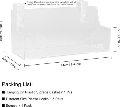 Bedside Caddy Hanging Storage Basket Little Size Plastic Beside Shelf Hang-on Storage Organizer for Collage Dorm Bunk Bed,Changing Table - Bedroom Essentials for Phone,Mini Speaker,Tissues (White)