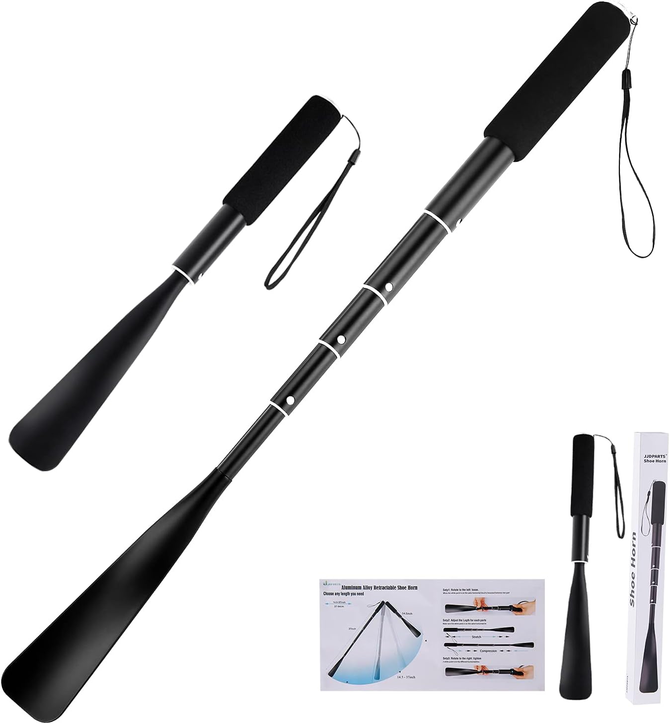JJDPARTS Shoe Horn Long Handle,14.5"-37" Retractable Shoe Horn,Aluminum Shoe Horn For Men Women Kids Seniors