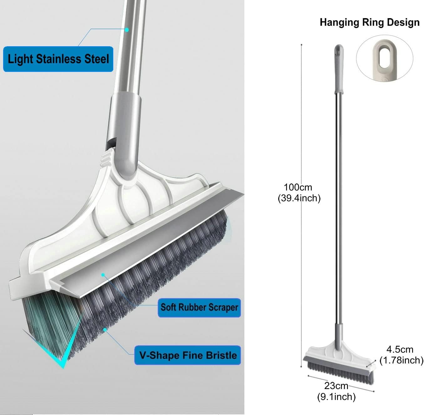 2 in 1 Cleaning Scrub Brush Grout Brush Scrapee 3 Poles 47.6'' Floor Scrub Brush with Long Handle V-Shape Stiff Bristle Brush Scrubber with Squeegee 120°Rotate Shower Scruber for Bathroom Glass