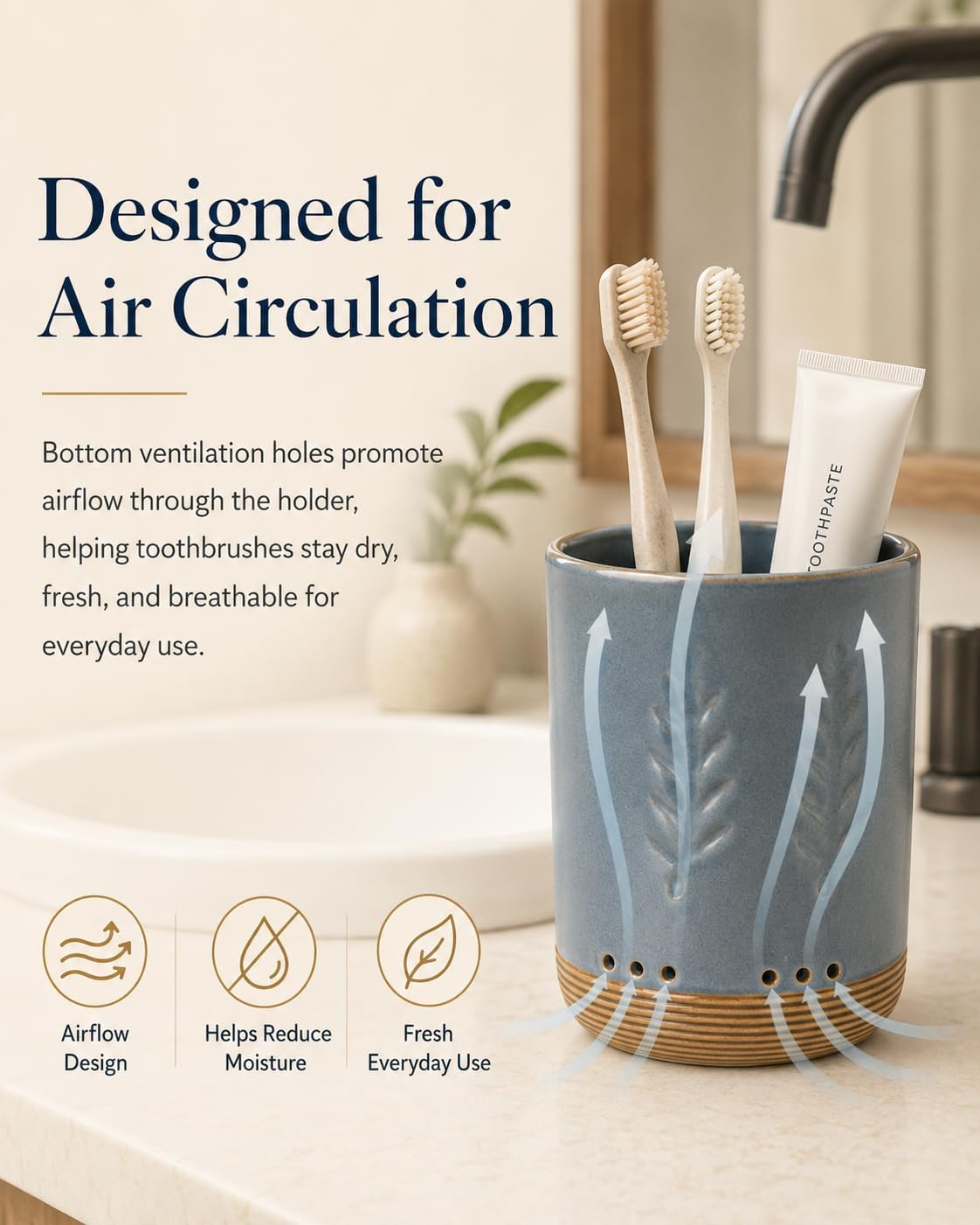LYEOBOH Ceramic Toothbrush Cup, Cute Toothbrush Holder with Drainage White | Farmhouse Toothbrush Container, Countertop Toothbrush Organizer, Toothbrush Storage for Bathroom Vanity & Countertop
