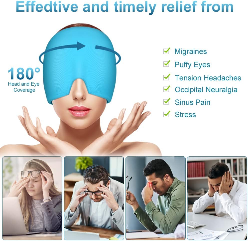 AOOWU Migraine Relief Cap, Reusable Soothing Headache Cap, Odorless Cooling Gel Ice Hat, Ice Pack Head Wrap, Hot and Cold Therapy, Cold Face Mask for Tension Stress Hangover Sinus Puffy Eyes, Blue