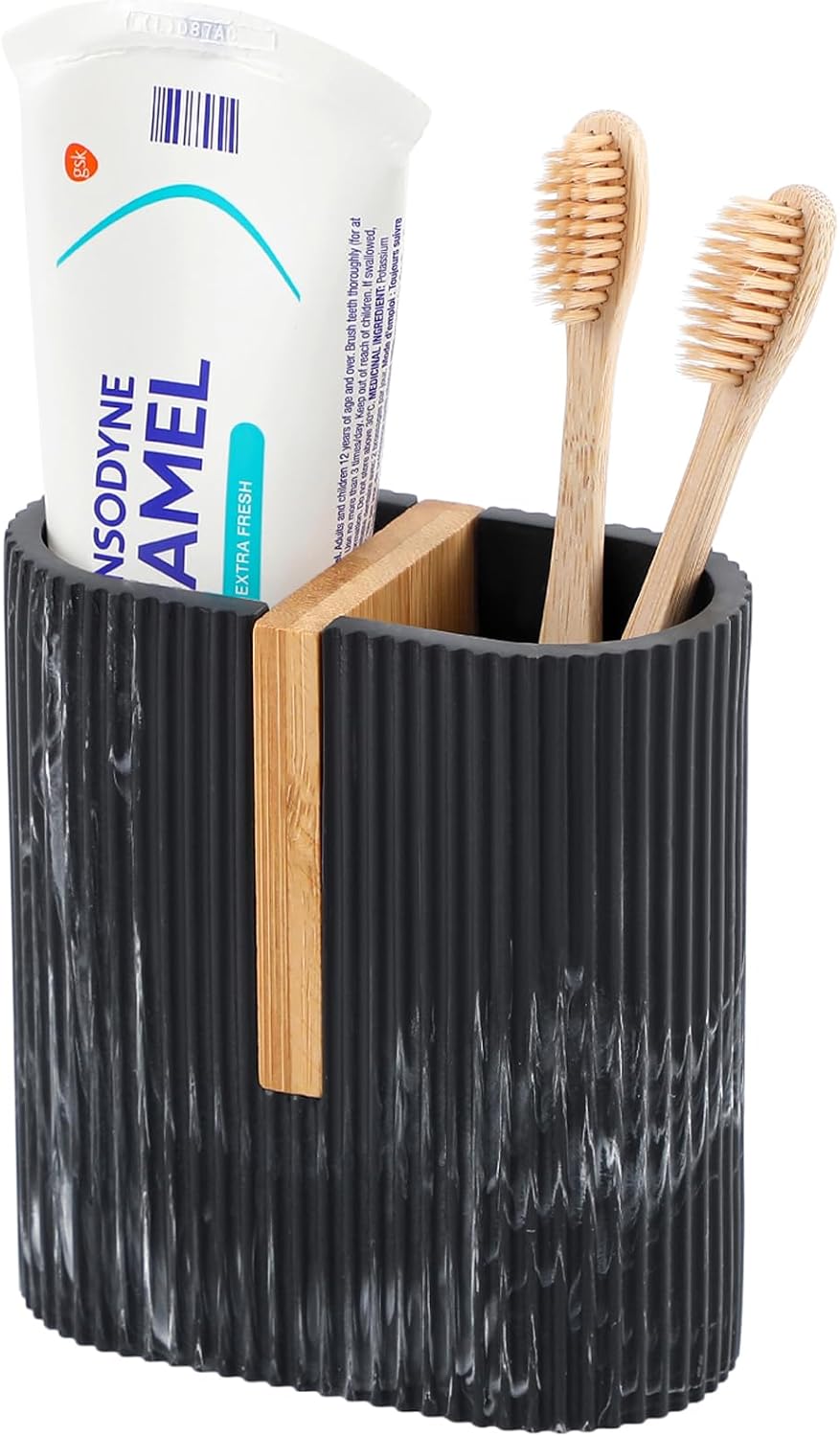 Toothbrush Holders for Bathroom, Bamboo Electric Toothbrush Stand, White | Toothbrush and Toothpaste Organizer for Sink Countertop, Bathroom Storage Stand for Brushing Accessories