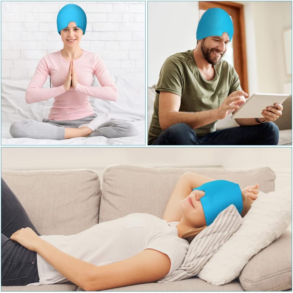 AOOWU Migraine Relief Cap, Reusable Soothing Headache Cap, Odorless Cooling Gel Ice Hat, Ice Pack Head Wrap, Hot and Cold Therapy, Cold Face Mask for Tension Stress Hangover Sinus Puffy Eyes, Blue