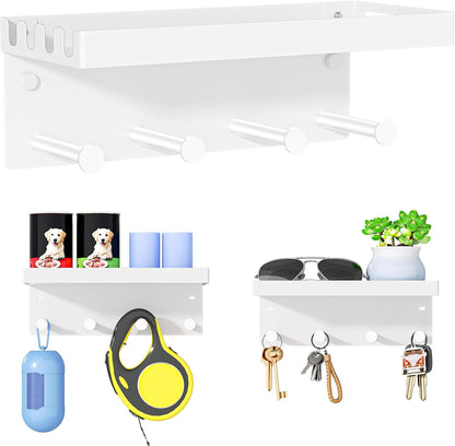 Dog Leash Holder for Wall, Key Holder Wall Mount, Metal Dog Leash Hooks, Pet Stuff Storage Shelf for Leash Hanger, Entryway Organizer Key Rack for Pet Collar, Treats, Toys, Mail (Black)