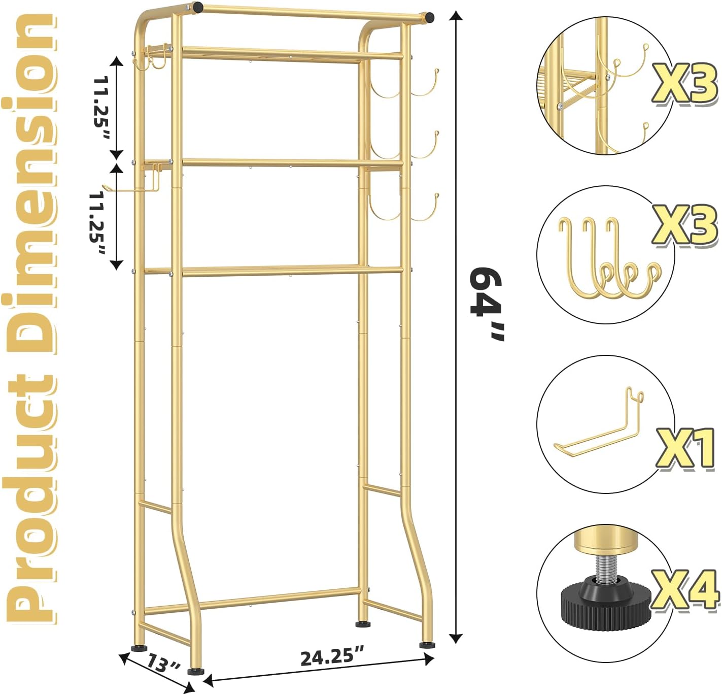 Simple Trending Over The Toilet Storage Cabinet, Metal Bathroom Shelf Organizer with Paper Holder and Hooks, 3 Tier, Black