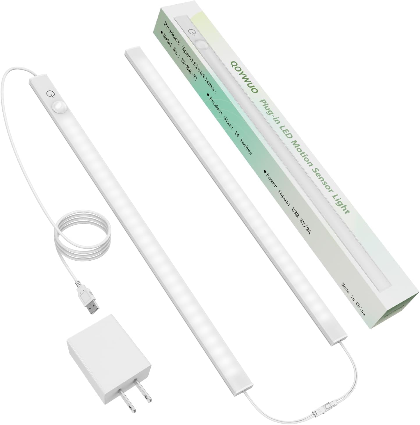 USB Plug-in Motion Sensor Light, ON/Night/Day Modes, Bright&Dimmable | 14" Slim LED Under Cabinet Lighting Indoor for Kitchen, Cabinet, Closet - 6000K Cool White, 1-Bar Standalone