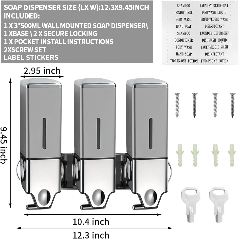 3 in 1 Chamber Wall Mounted Shampoo and Conditioner Dispenser (Silver) | No Drill Shower Soap Dispenser for Bathroom & Hotel Leak-Proof Pumps, Easy Installation and Large Capacity