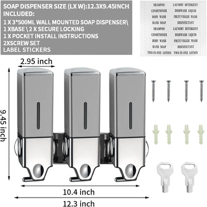 3 in 1 Chamber Wall Mounted Shampoo and Conditioner Dispenser (Silver) | No Drill Shower Soap Dispenser for Bathroom & Hotel Leak-Proof Pumps, Easy Installation and Large Capacity