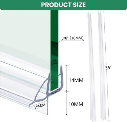 2 PCS Shower Door Bottom Seal, 3/8” X 36” Frameless Shower Glass Door Seal Strip, Clear PVC Shower Door Sweep Stop Shower Leaks, Shower Seal for 3/8 Inch (10mm) Glass