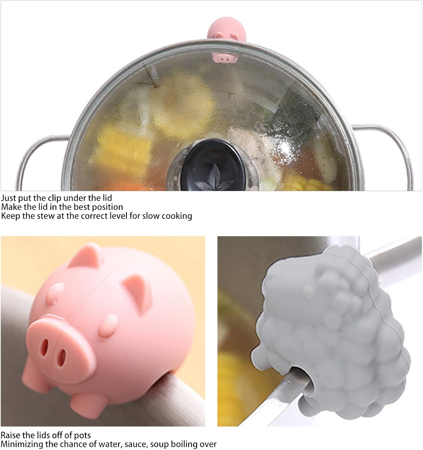 3PCS Spill Proof Lid Lifter, Silicone Cute Anti Overflow Pot Watcher Spill Stopper Pot Boil over Preventer for Pot Lid & Cute Kitchen Accessories
