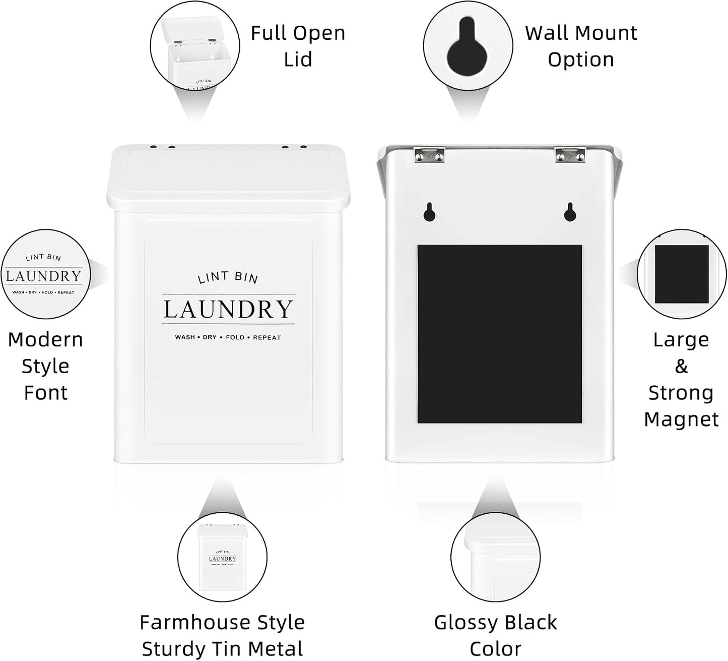 Magnetic Lint Bin for Laundry Room, Metal Lint Trash Can with Lid and Brush, Wall Mounted Lint Box for Dryer, Farmhouse Laundry Room Decor, Black