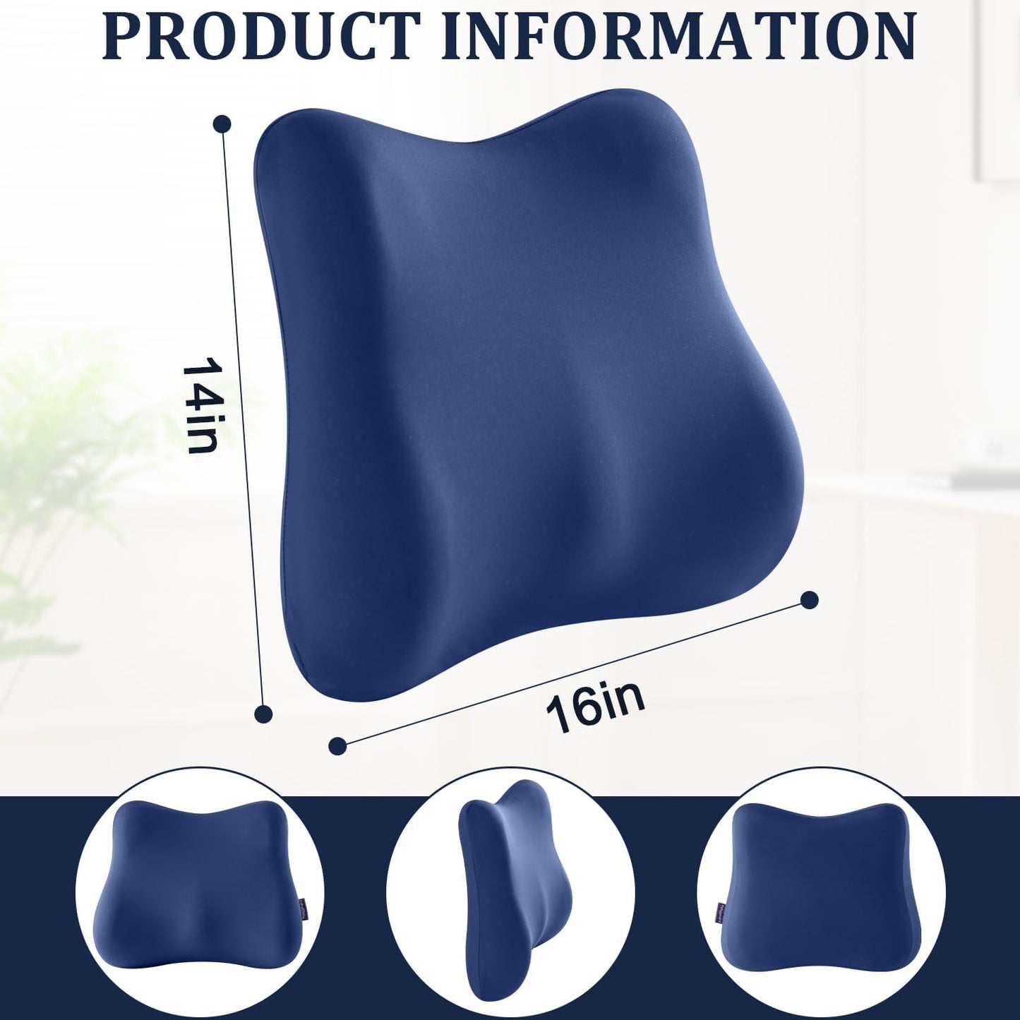 Lumbar Support Pillow for Office Chair Memory Foam Lumbar Cushion with Removable Cover Soft Back Support Pillow Suitable for Car, Couch, Gaming, Dark Blue