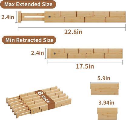 Bamboo Drawer Dividers 8 Pack with Inserts, Kitchen Adjustable Drawer Organizers for Home, Bedroom, Dresser, Expandable Organization 8 Dividers with 16 Inserts
