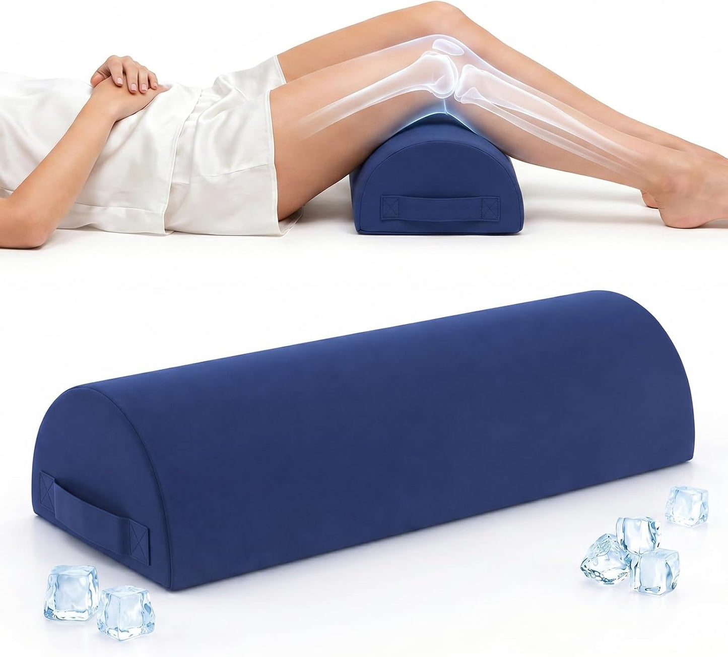 Knee Pillow for Back Sleeping - Half Moon Bolster Pillow for Legs - Cooling Under Knee Pillow for Sleeping on Back, Leg Support, Foot Elevation (Misty Blue)
