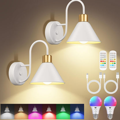 Frideko Rechargeable Wall Sconces Set of Two with Remote, RGB 15 Colors Dimmable Battery Operated Wall Lights for Living Room Bedroom, Indoor Black Wall Lamp with Timer Wireless