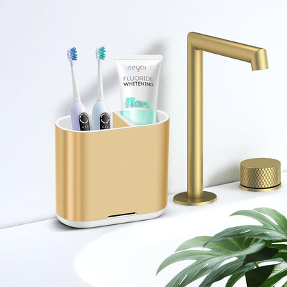 Bamboo Toothbrush Holder for Bathrooms Toothpaste Organizer, Small, White | 2 Slots, Easy to Clean, Plastic, Kids Electric Toothbrush, Drainage, Removable, For Bathroom, Vanity, Kitchen Sink, Office