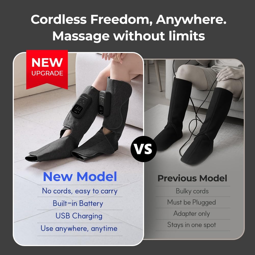 HubiCare Cordless Calf and Feet Massager with Heat and Air Compression for Circulation and Pain Relief, 5 Modes with 5 Intensities, Reduce Swelling, Muscles Relaxation Device (Black)