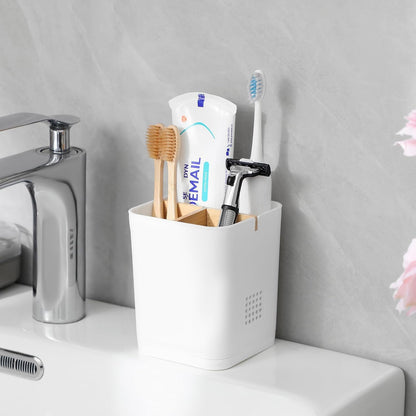 Electric Toothbrush Holder Tooth Brush and Toothpaste Organizer, Black | 3 Slots, Drainage Holes, Removable Bamboo Divider, Ventilation Design, Space-Saving, for Bathroom Countertop, Shower, Vanity