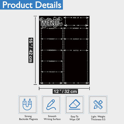 Magnetic Menu Board for Fridge, LiebHome Dry Erase Weekly Menu Planner/Family Calendar 16" x 12" with Grocery List and Notes (Black with 8 Markers)