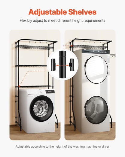 VEVOR Over The Washer and Dryer Storage Shelf, 3 Tier Laundry Room Drying Rack with Hanger Rod and Hooks, Adjustable Over Washer and Dryer Shelves, Laundry Room Shelf Storage Space Saver, White