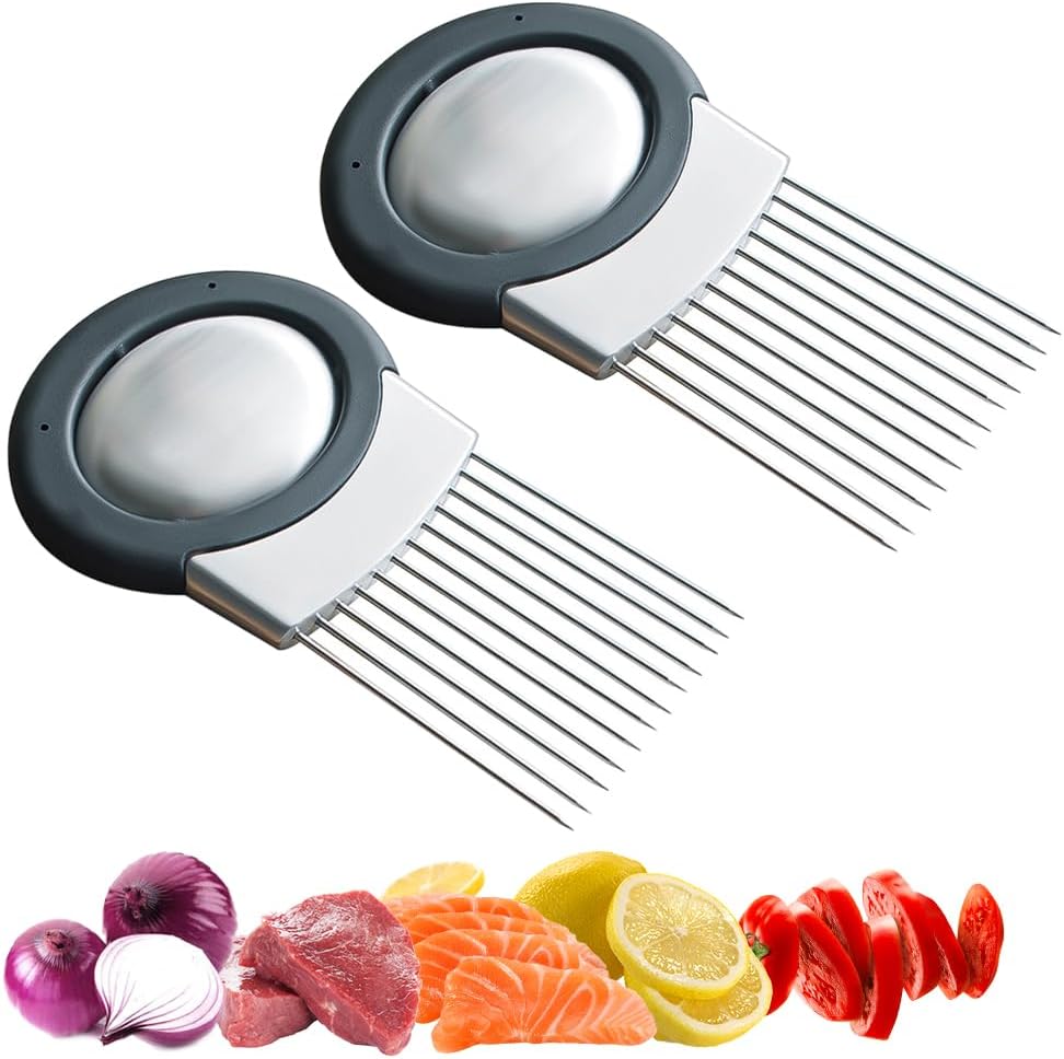 2025 Upgraded Onion Holder for Slicing, Stainless Steel Onion Slice Holder Lemon Slicer Vegetable Cutter, Home Kitchen Tools Onion Holder for Slicing, Meat, Onion, Potato, Tomato (A-1Pcs)