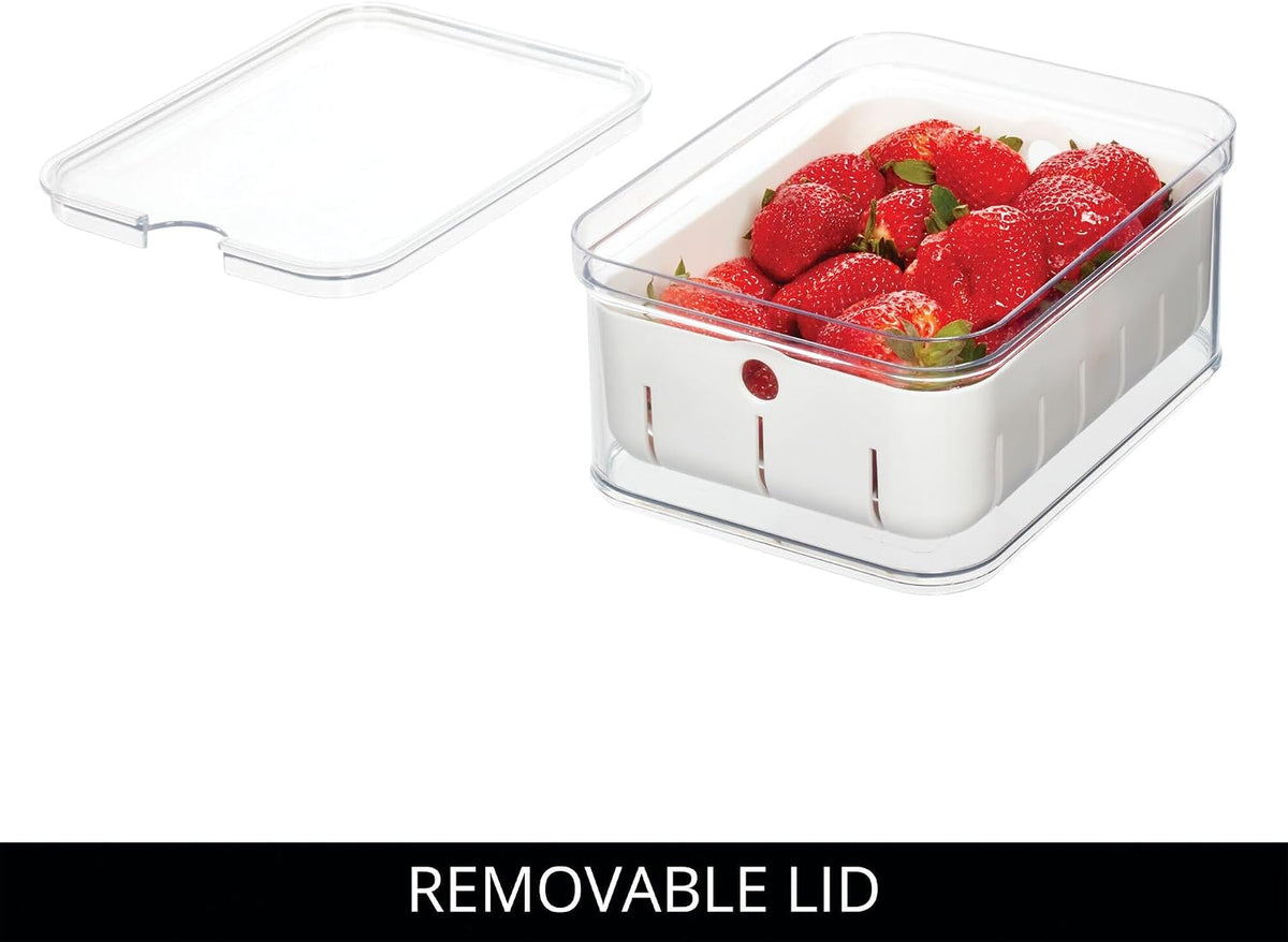 iDesign Small Fridge Berry Bin with Removable Colander Basket and Lid - Set of 2 - Clear/White