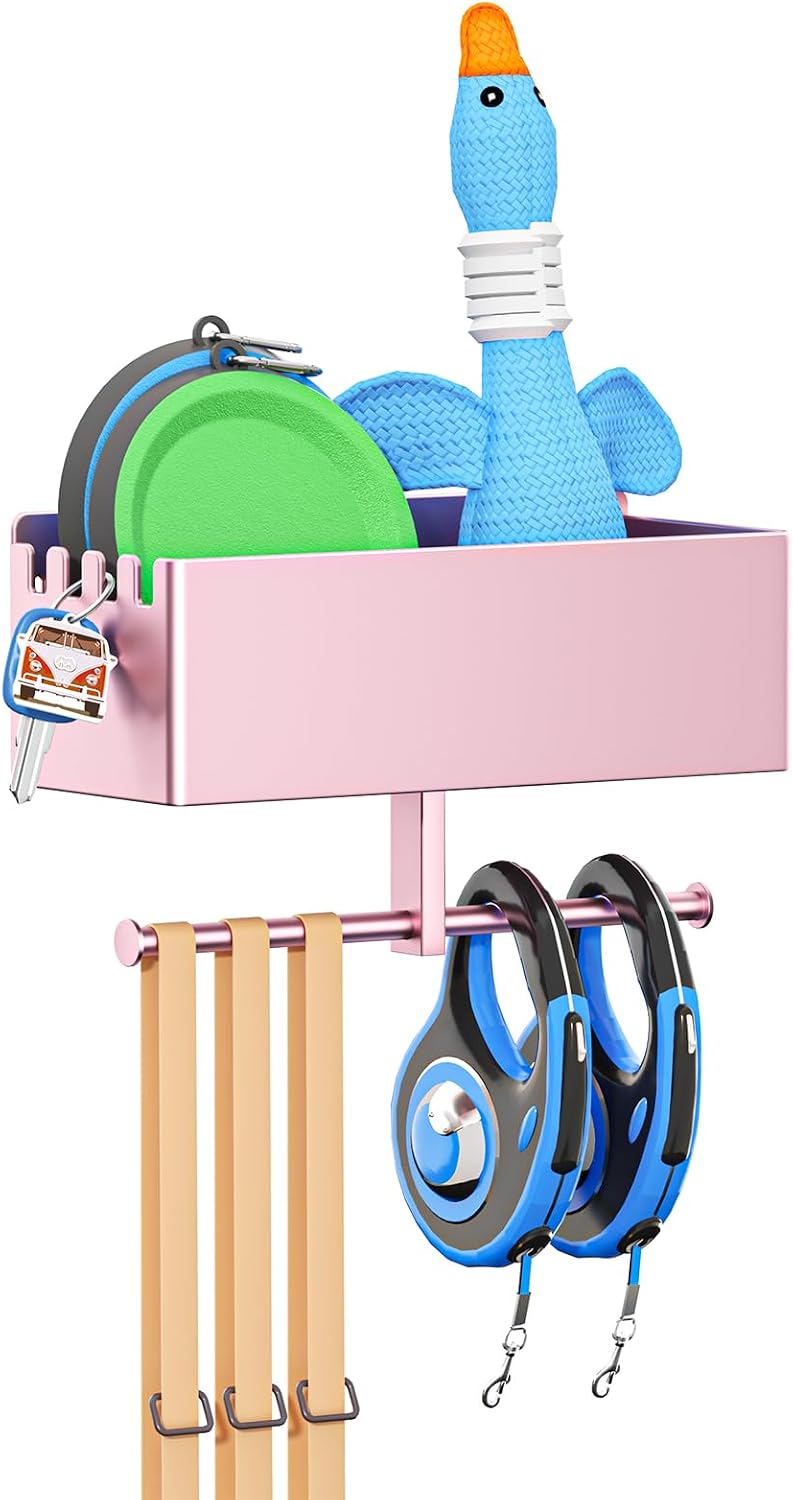 Dog Leash Holder for Wall, Dog Leash Hooks, Pet Stuff Organizer with Shelf Storage, Metal Key Holder, Leash Hangers Organizer Rack for Pet Collar, Toys, Treats, Poop Bag (Black)