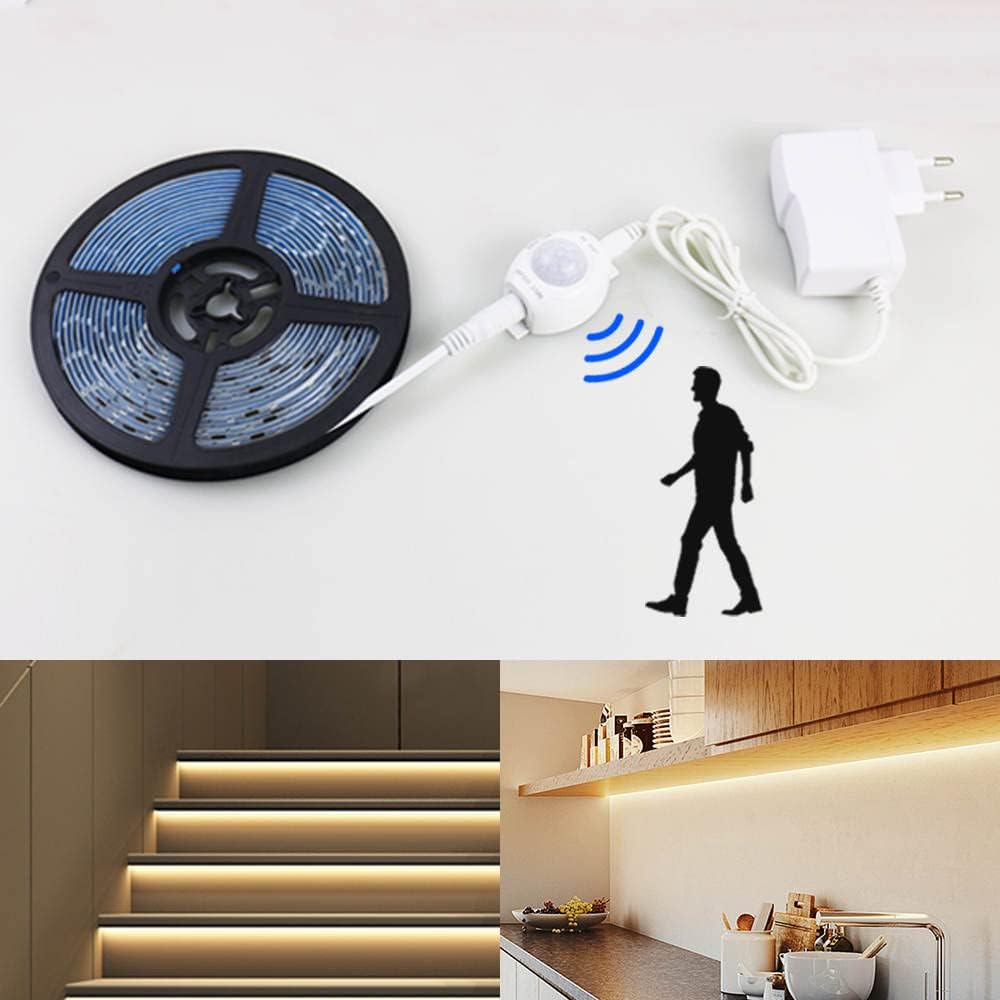 16.4ft (5m) Motion Activated LED Strip Lights, Warm White 12v Plug-in LED Rope Lights Waterproof for Under Cabinet,Kitchen,Stair