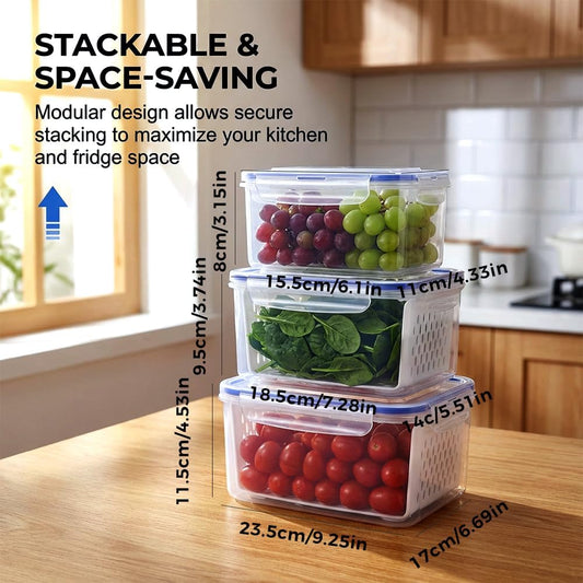 4-in-1 Large Fruit Storage Container with Removable Colander, Leakproof Produce Keeper for Fridge, BPA-Free & Microwave Safe Food Organizer (Grey, S+M+L)