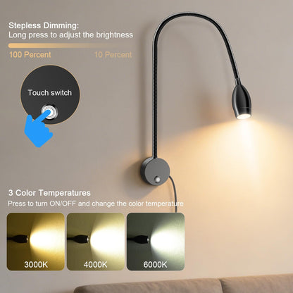 Wall Mounted LED Reading Light with 15" Flexible Gooseneck, Dimmable Book Light for Reading In Bed with USB Charging Port, Plug In Headboard Night Lights, 3 Colors Temperature, Touch Control-2 Pack