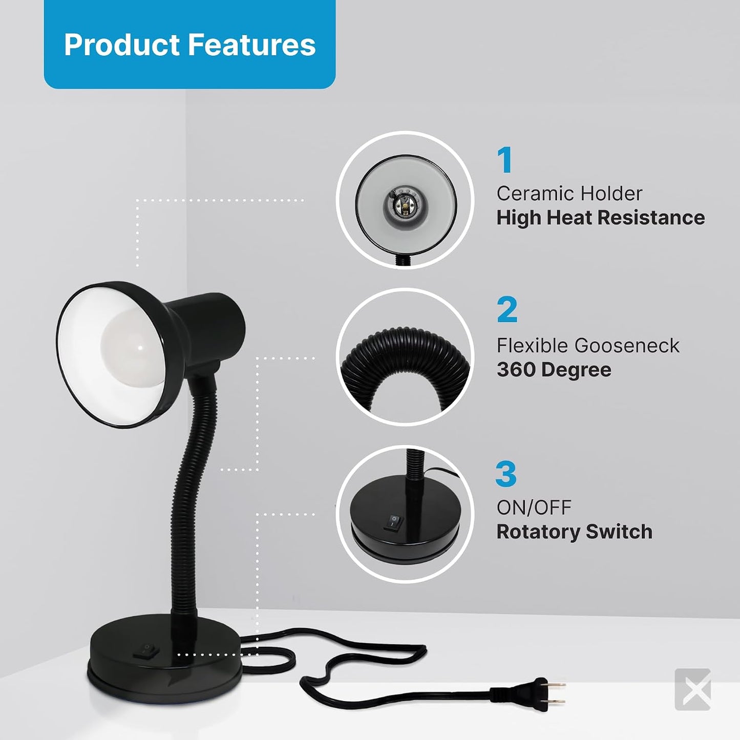 Xtricity LED Clip on Desk Lamp with 360° Flexible Gooseneck, White Finish | Reading Light for Bed Headboard– A19 Bulb Included, 120V, On/Off Switch, 10.25” Height Table Lamp