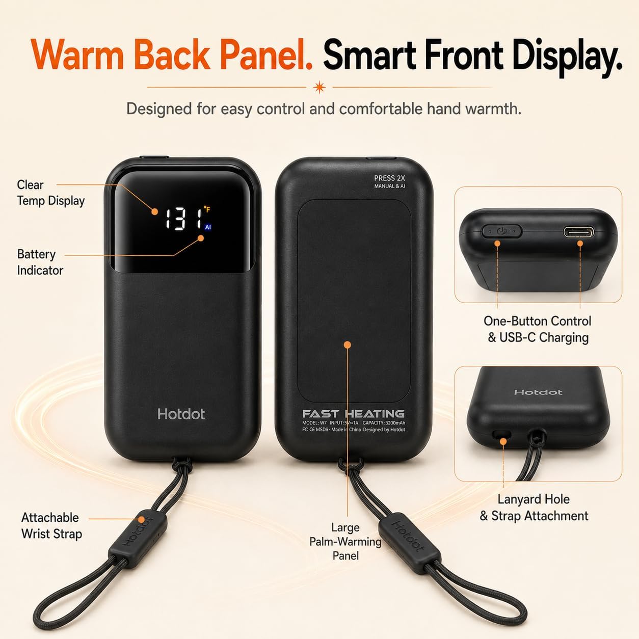 Hand Warmers Rechargeable, Heat Levels (104–131°F), Real-Time Temp & Battery Display, Electric Hand Warmers, Fast Heating, Fits in Gloves/Pocket, Gifts for Women & Men