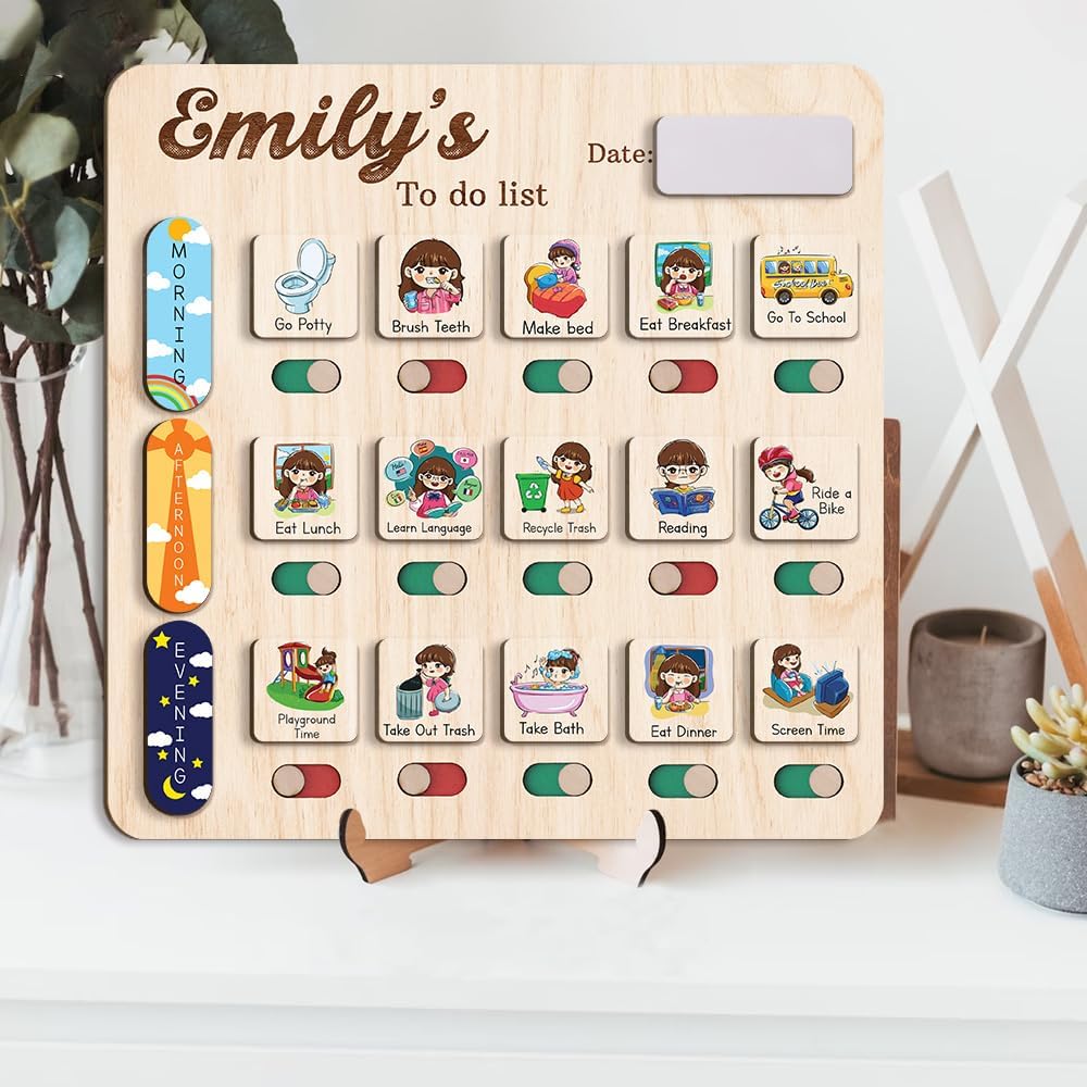 Daily Routine Chart for Kids, Visual Schedule, Routine Chart for Toddlers 3-5, Morning Bedtime Routine Chart for Toddlers, Wooden Chore Chart for Kids