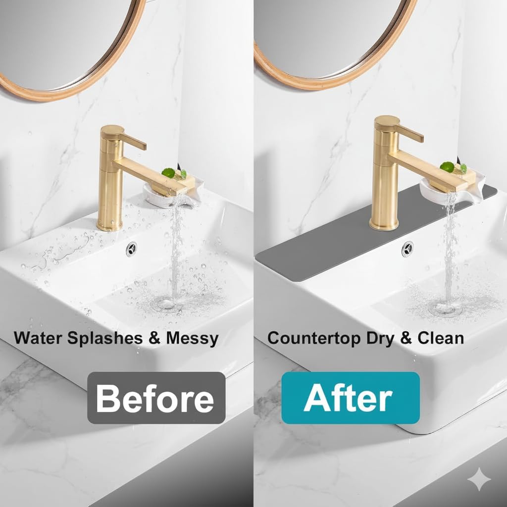 Customizable Kitchen Sink Faucet Mat: 30"Lx5.5"W Absorbent Splash Guard | Non-slip Fabric Rubber Mat, Cut to Fit Oval Rectangle Square Faucet & 2,3,4 Holes Irregular Sink with Soap Dispenser Air Gap