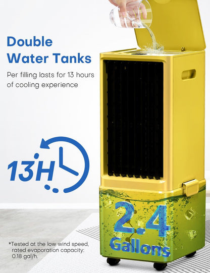 Portable Air Conditioners 4 Modes&3 Speeds,4 Ice Packs, Waterless Alert System, 12H Timer, Remote,1 Gal Detachable Water Tank, 70°Oscillation Windowless Evaporative Air Cooler for Room Office