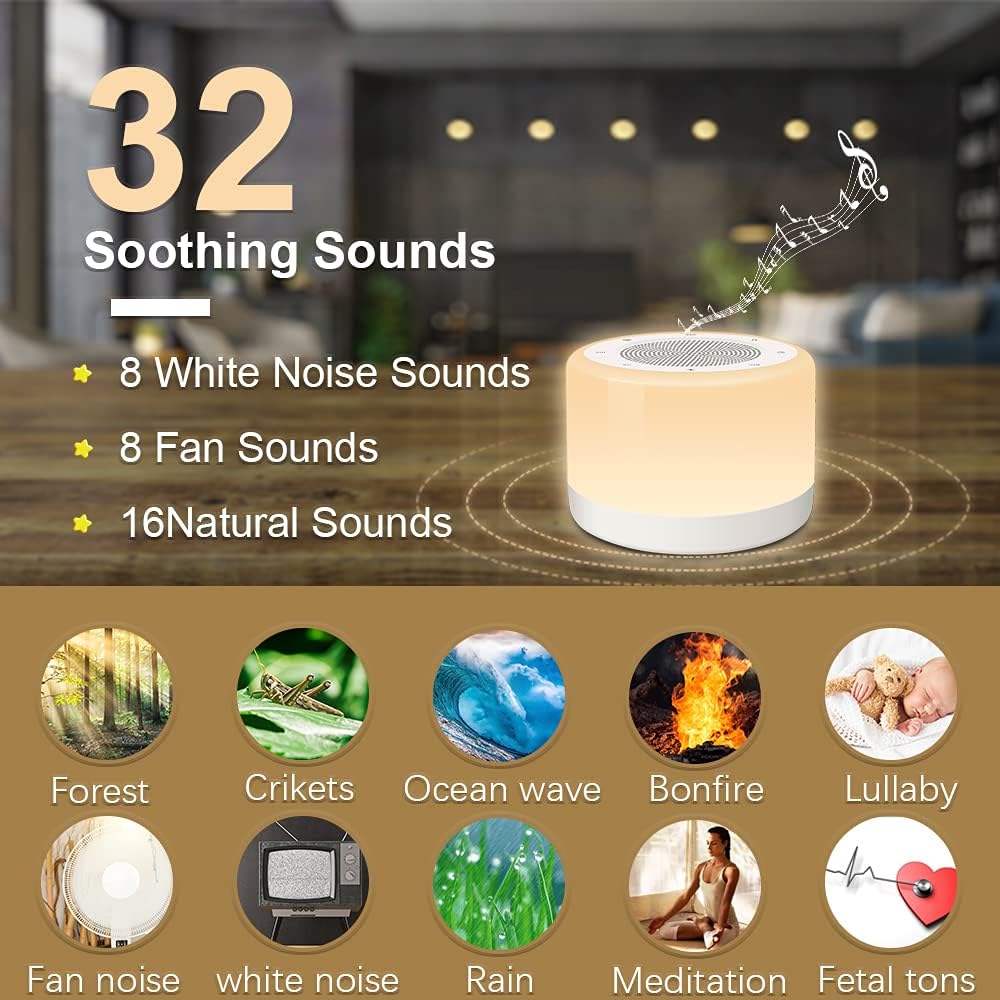 White Noise Machine with Night Lights, Sleep Sound Machine 32 Soothing Sounds for Baby Adults Kids Sleeping, Fan Wave Sound Lullaby, Timer and Memory Feature, RGB Color Touch Table Lamp