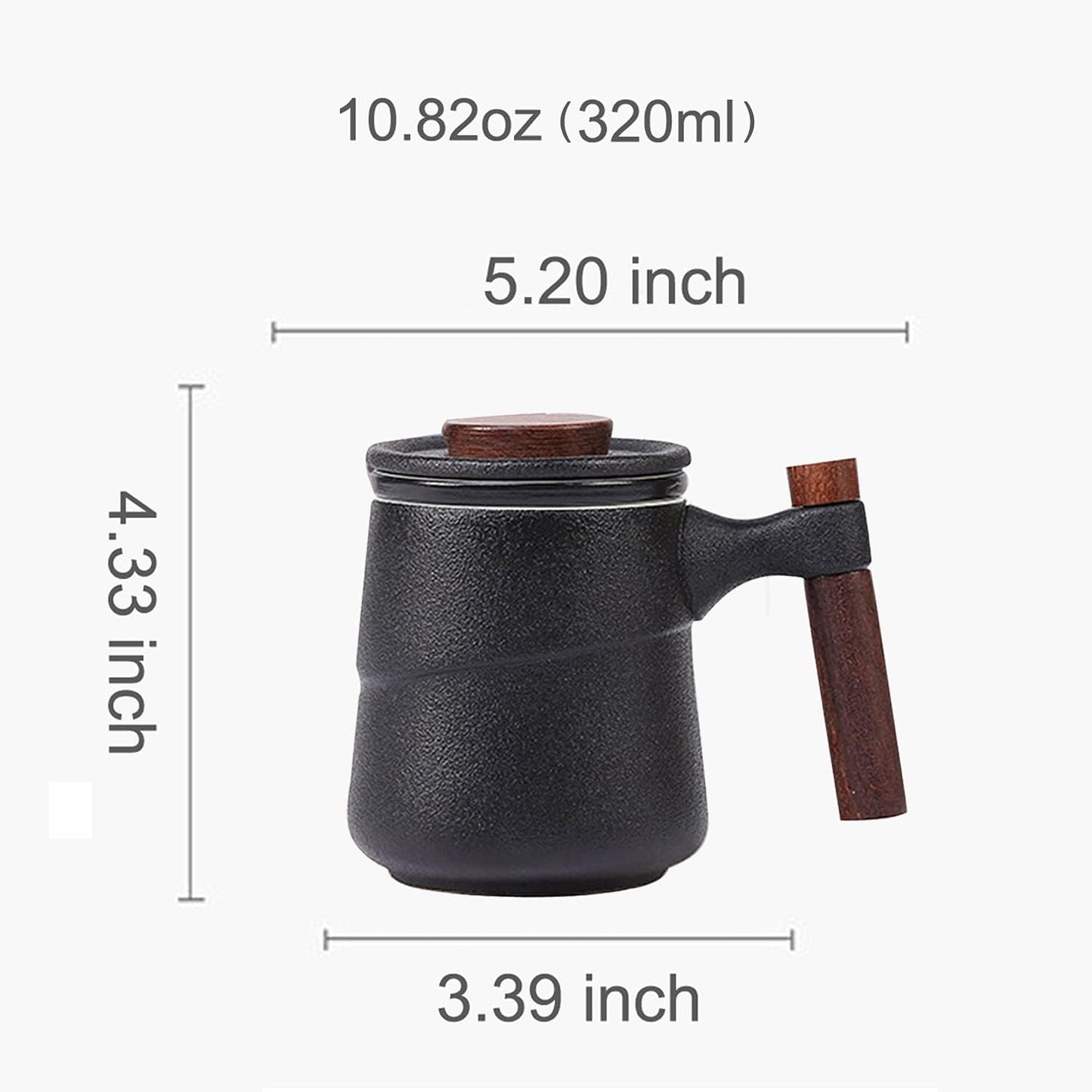 Tea Cup with Infuser and Lid, Rural style Wood Handle Ceramic Mugs Green | Tea Mug Cups with Infuser, Capacity about 320ml / 10.82 OZ, Suitable for Tea, Flower Buds, Coffee, Water, it is LEAD-FREE